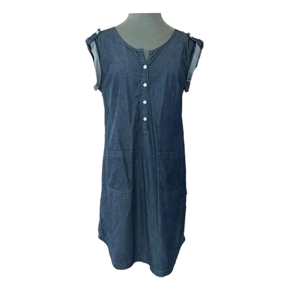 Women’s Dress GAP Denim Shift Dress Blue Front Pockets Roll Tab Shoulder Dress - Picture 8 of 12